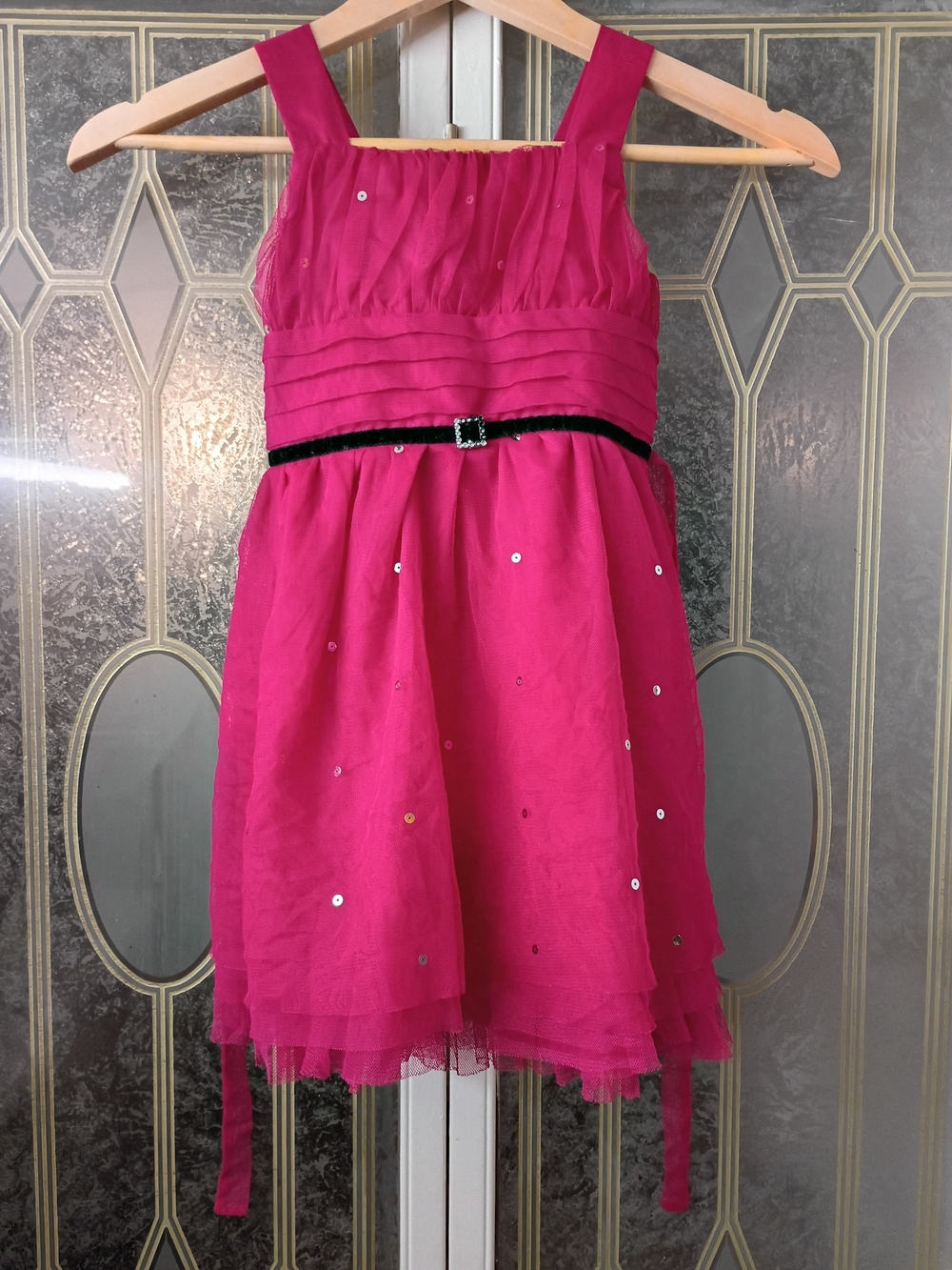 George Fuchsia Sleeveless Sequin Party Dress with Velvet Waistband